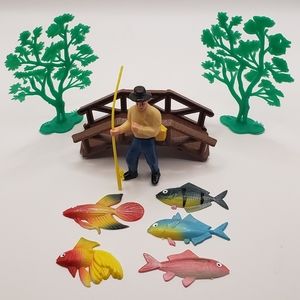 Vintage Fisherman Scene Cake Toppers With Fish, Bridge, and Trees